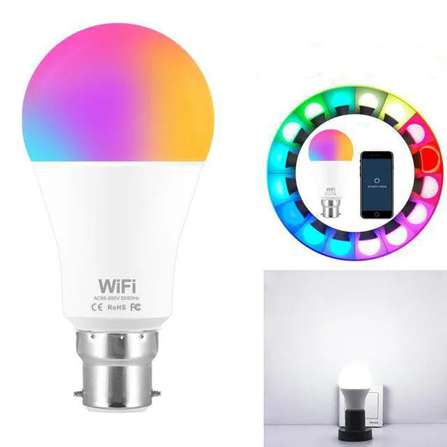 15W WiFi smart LED light bulb with colour-changing RGB and dimmable functions in E27 and B22 base options