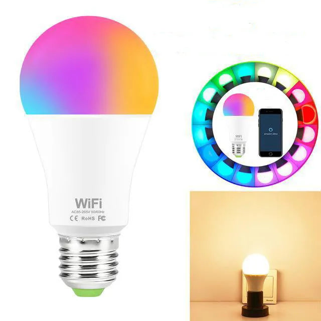 15W WiFi smart LED light bulb with colour-changing RGB and dimmable functions in E27 and B22 base options