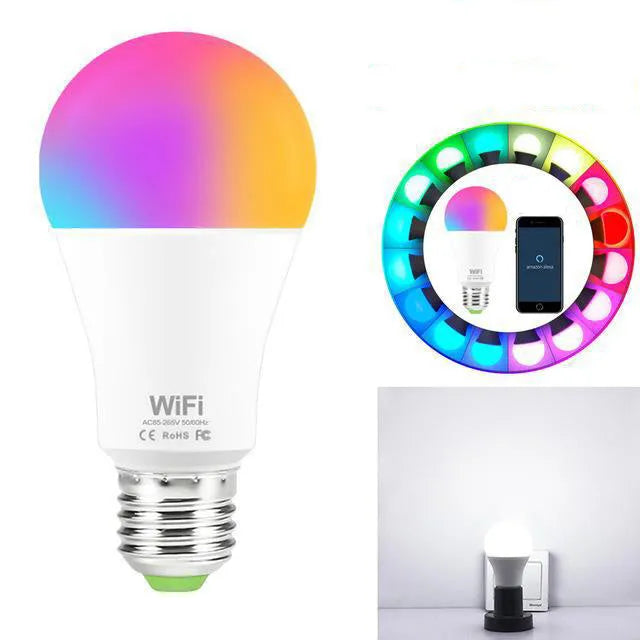 15W WiFi smart LED light bulb with colour-changing RGB and dimmable functions in E27 and B22 base options