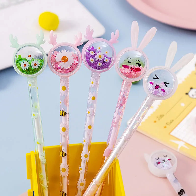 Cute tutu sequin gel pen with black ink and 0.5mm tip on a wooden desk