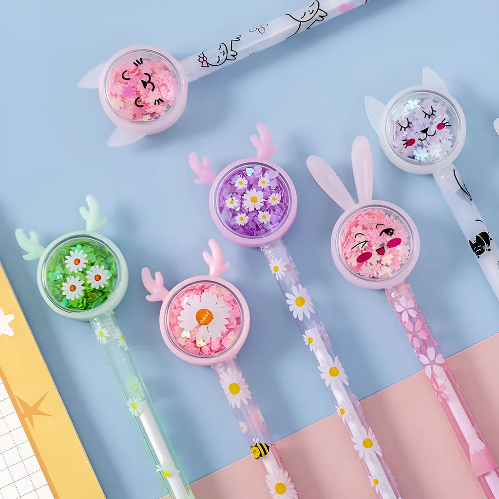 Cute tutu sequin gel pen with black ink and 0.5mm tip on a wooden desk