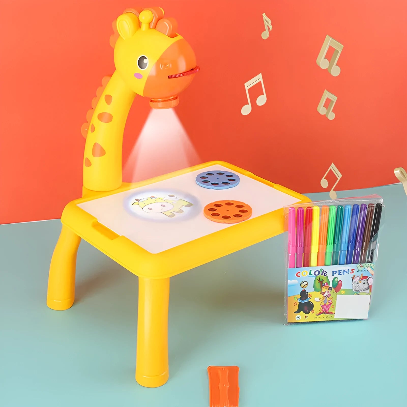 Children LED projector drawing table with projection copying, dust-free board, and watercolour pens for kids