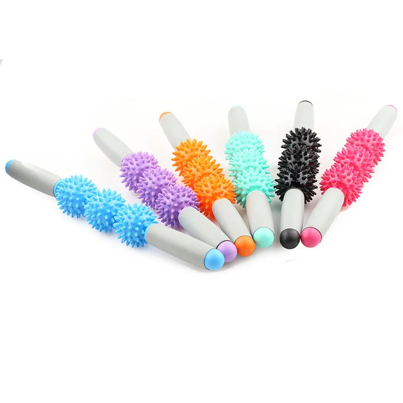 Anti-cellulite massager stick with hedgehog-shaped trigger point balls and ergonomic handle