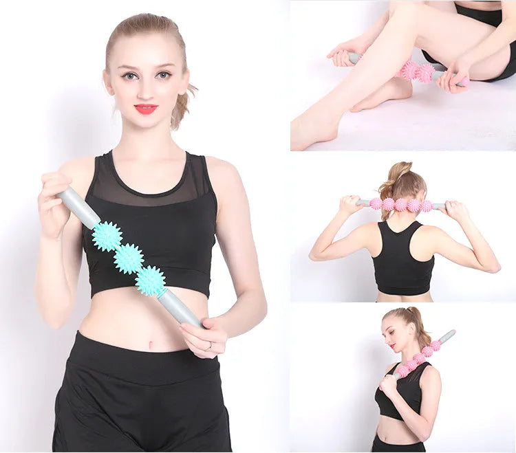 Anti-cellulite massager stick with hedgehog-shaped trigger point balls and ergonomic handle