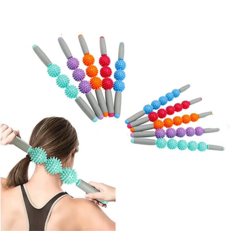 Anti-cellulite massager stick with hedgehog-shaped trigger point balls and ergonomic handle