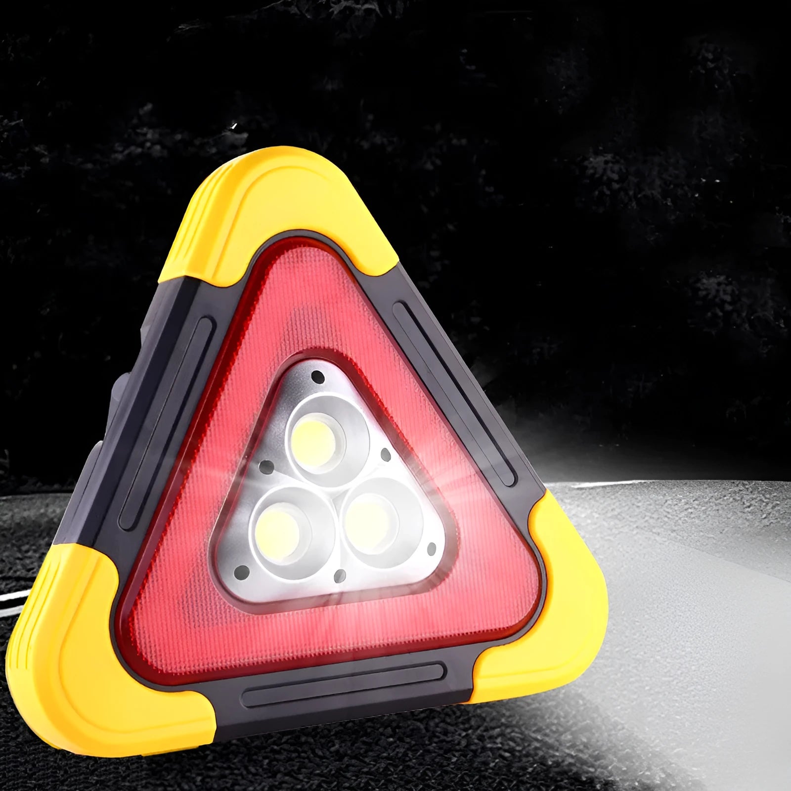 Car warning triangle with solar light and LED work light on roadside