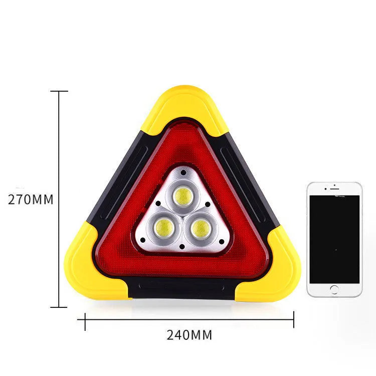 Car warning triangle with solar light and LED work light on roadside