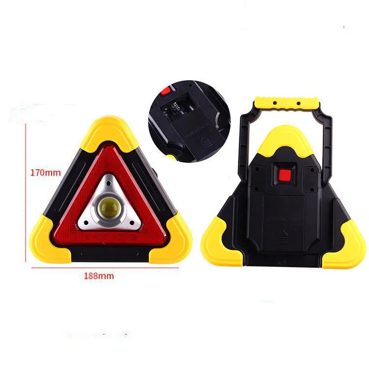 Car warning triangle with solar light and LED work light on roadside