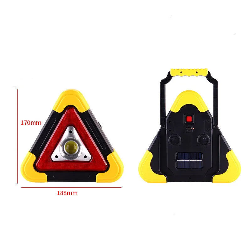 Car warning triangle with solar light and LED work light on roadside