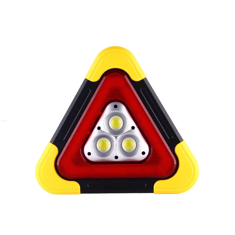 Car warning triangle with solar light and LED work light on roadside