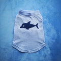 Cotton dog vest in dark blue on a small dog, showing back length and chest fit