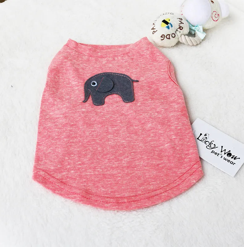 Cotton dog vest in dark blue on a small dog, showing back length and chest fit
