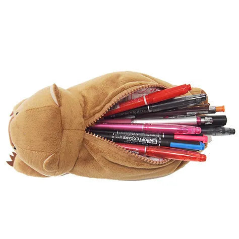 Cute cartoon animal wombat family plush pencil case in brown wombat colour, soft plush pencil pouch for school