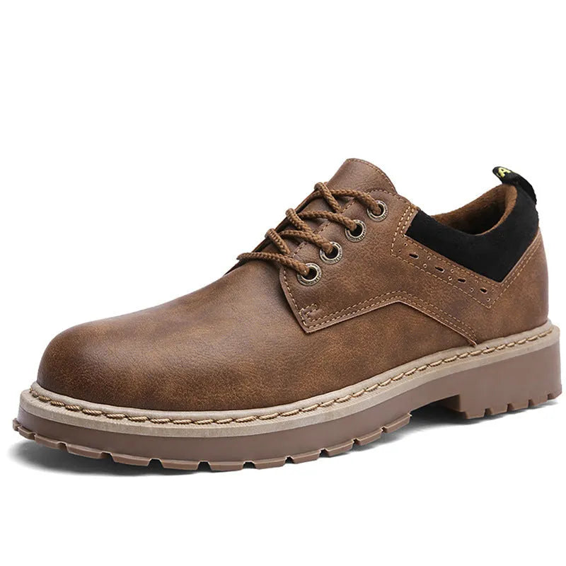Men's brown casual derby shoes with round toe and flat rubber sole on a white background