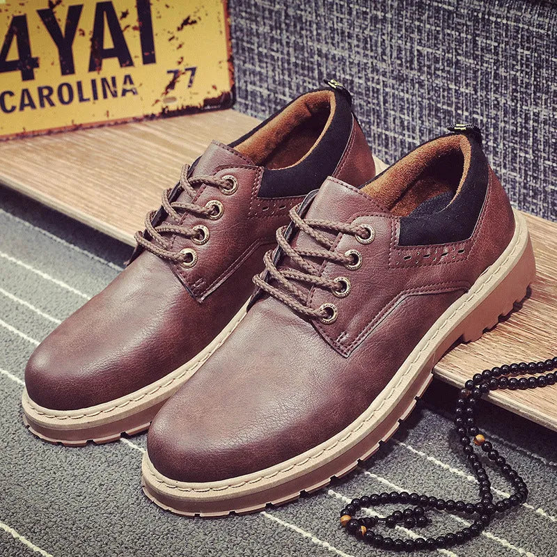 Men's brown casual derby shoes with round toe and flat rubber sole on a white background