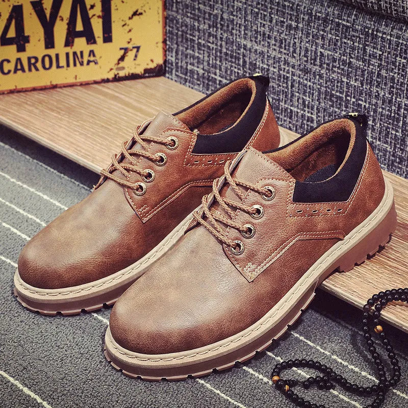 Men's brown casual derby shoes with round toe and flat rubber sole on a white background