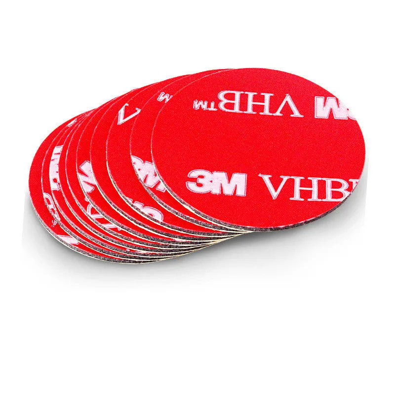 Round red PU foam double sided adhesive tape pads in various sizes on a white background