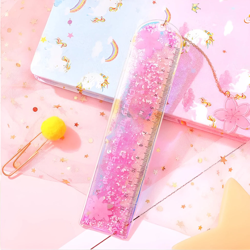 15cm quicksand oil bookmark ruler in laser PVC with cherry blossom pattern on a desk
