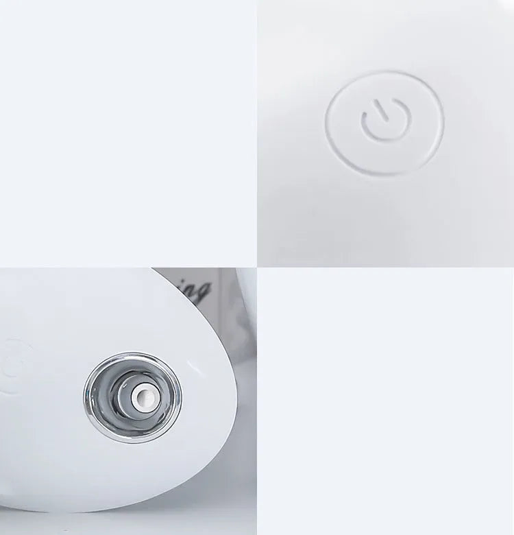 White round aromatherapy humidifier with USB cable and water tank showing mist output