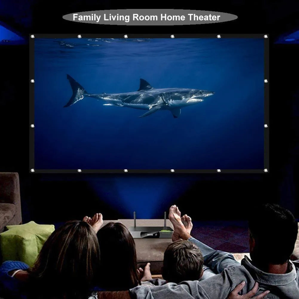 White polyester folding projector screen showing its large 150 inch soft surface laid out flat.