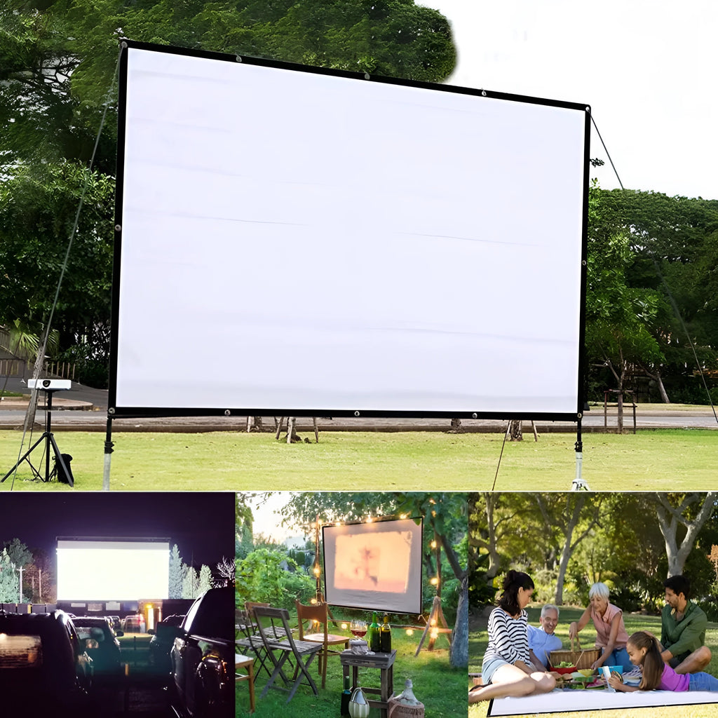 White polyester folding projector screen showing its large 150 inch soft surface laid out flat.
