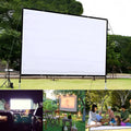 White polyester folding projector screen showing its large 150 inch soft surface laid out flat.