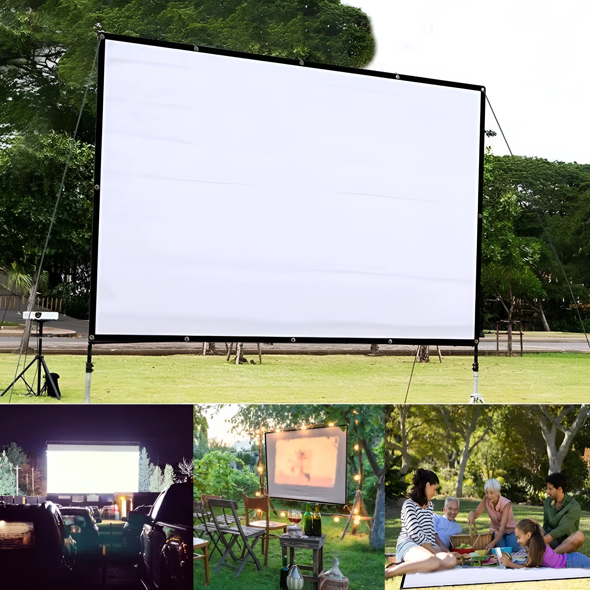 White polyester folding projector screen showing its large 150 inch soft surface laid out flat.