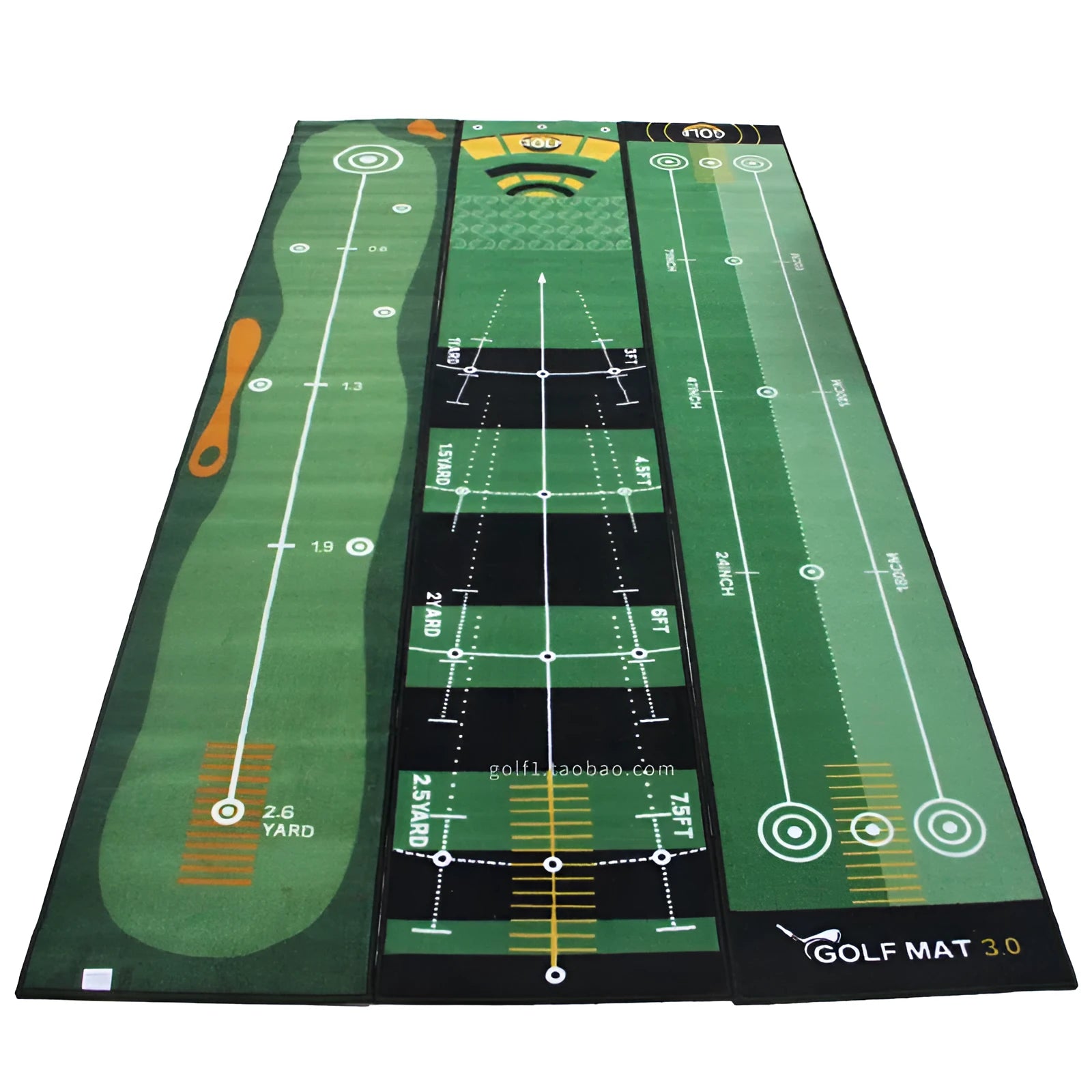 Golf putting practice blanket in green style laid on grass with a putter and ball