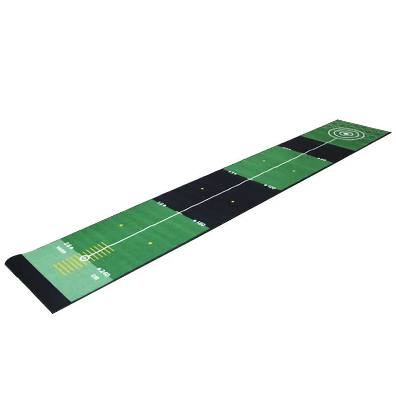 Golf putting practice blanket in green style laid on grass with a putter and ball