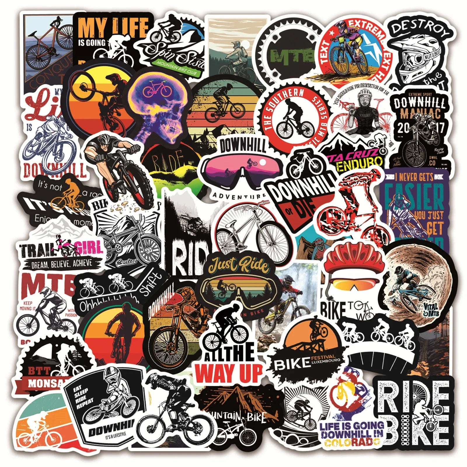 50-pack bicycle doodle stickers in vinyl for MTB and cross-country bike frame customisation