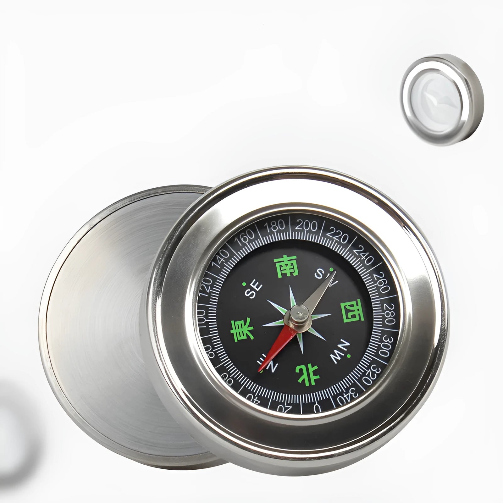 Stainless steel handheld compass for outdoor hiking and camping, white model with brushed metal body and polished base