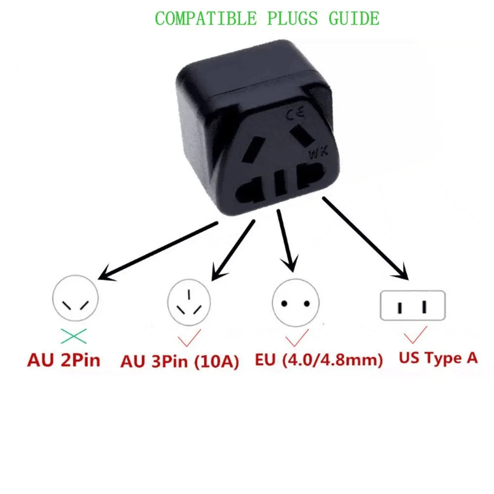Square white and black international power adapter plug with three pins and five output sockets.