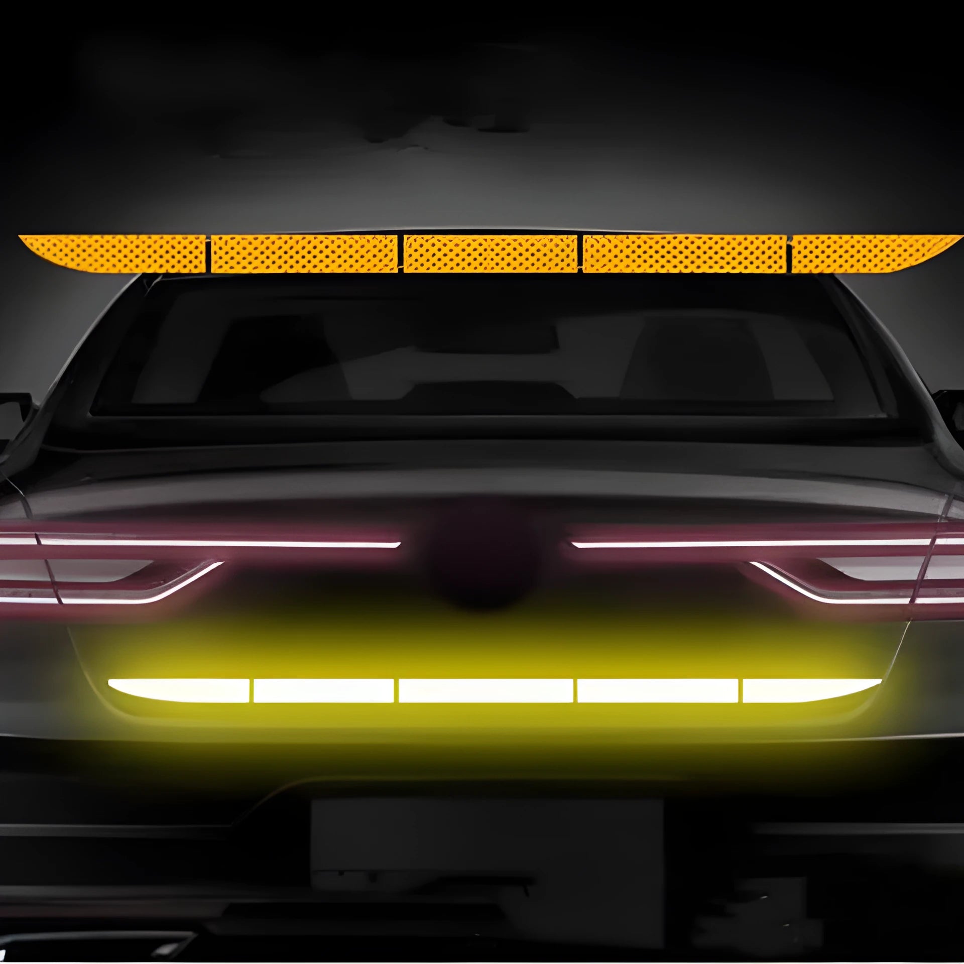Rear long strip reflective sticker on a car bumper in blue colour for tail box warning