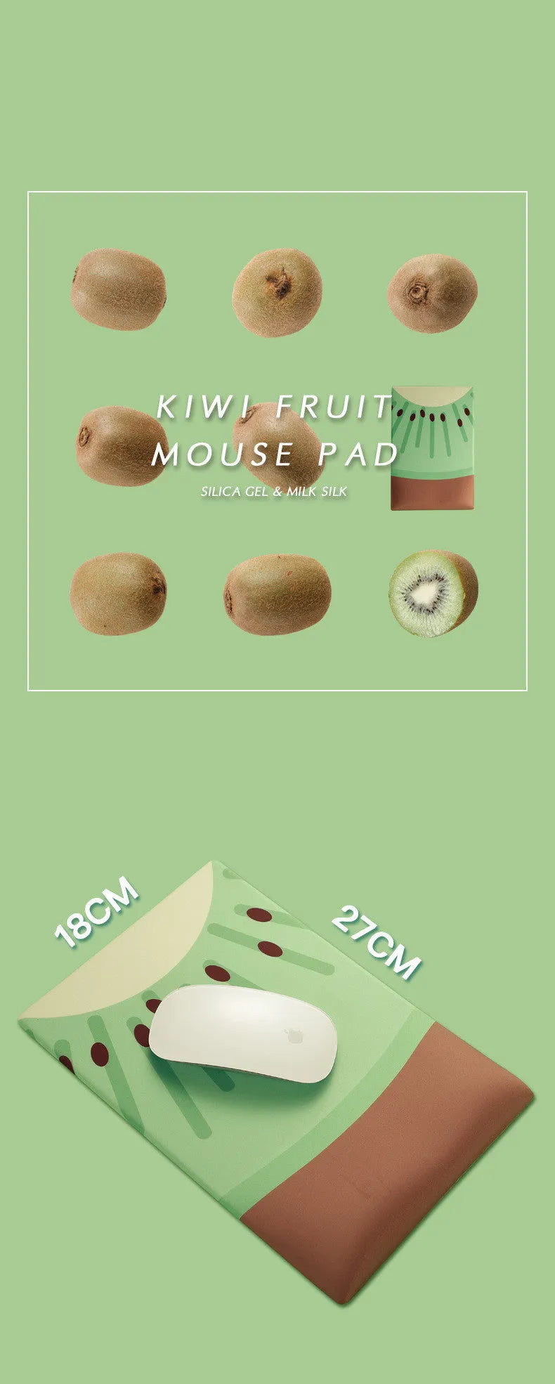 Green kiwi fruit themed mouse pad with integrated silicone wrist support cushion