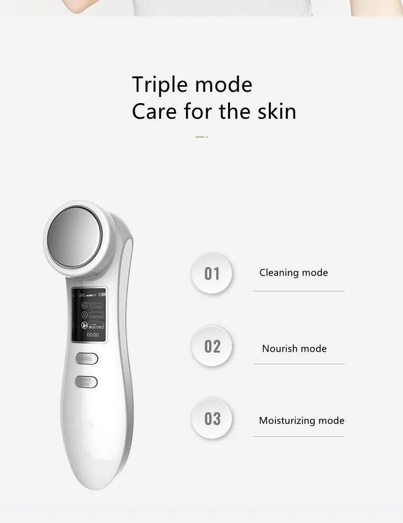 White multifunctional beauty machine with negative ion therapy, USB rechargeable, for home facial skincare