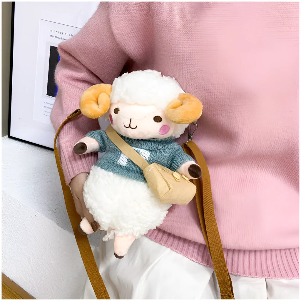 Small blue plush women's crossbody bag with lamb pattern and square shape