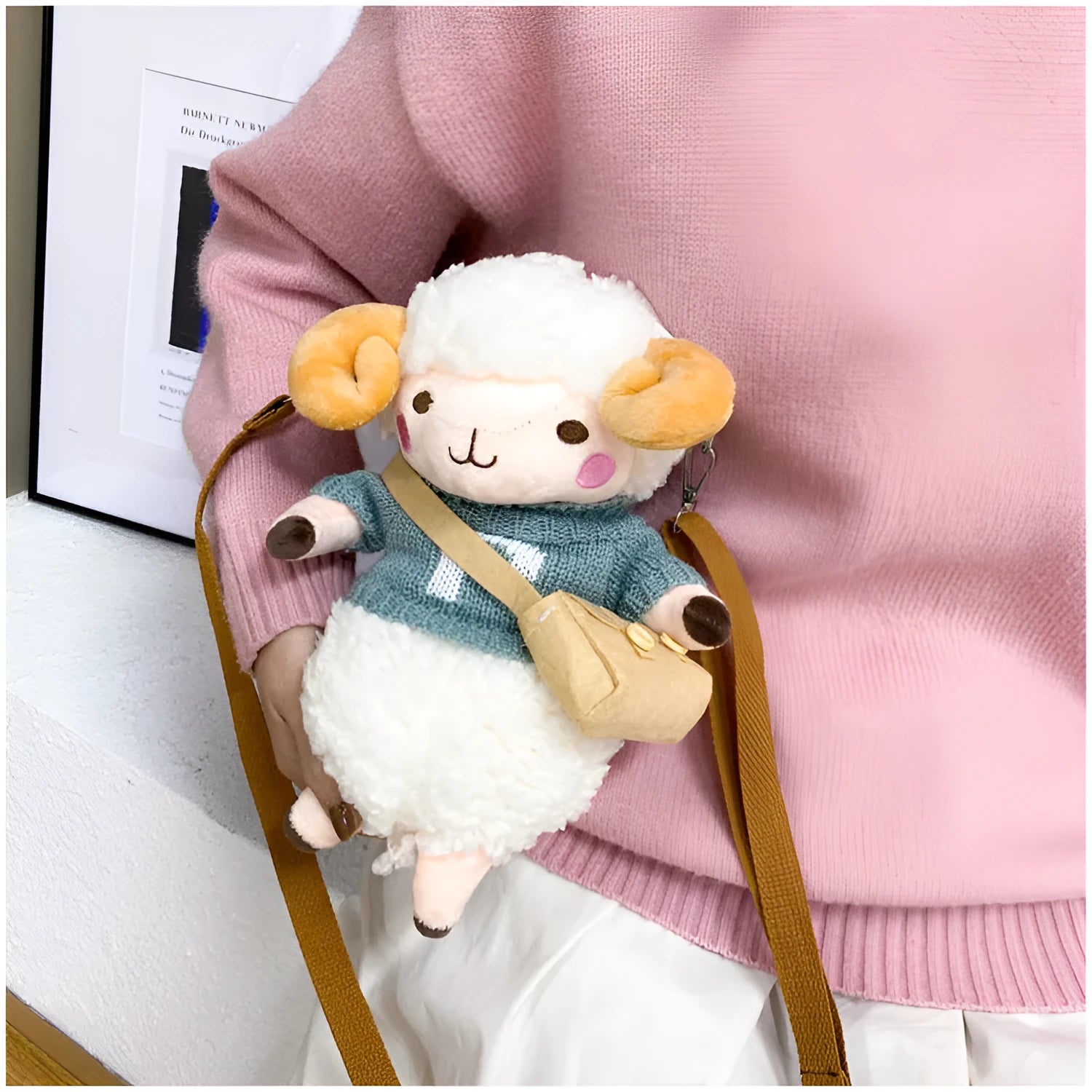 Small blue plush women's crossbody bag with lamb pattern and square shape