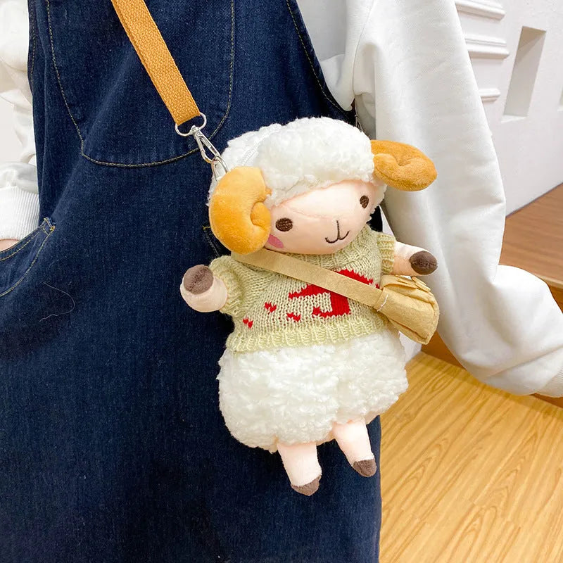Small blue plush women's crossbody bag with lamb pattern and square shape