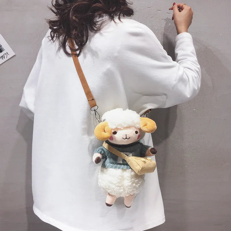 Small blue plush women's crossbody bag with lamb pattern and square shape