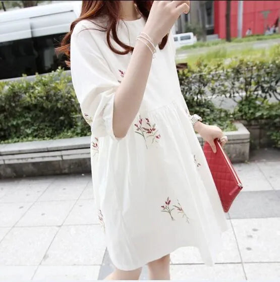 Korean cotton and linen embroidery maternity dress with nursing access, loose fit, sizes M-XXL