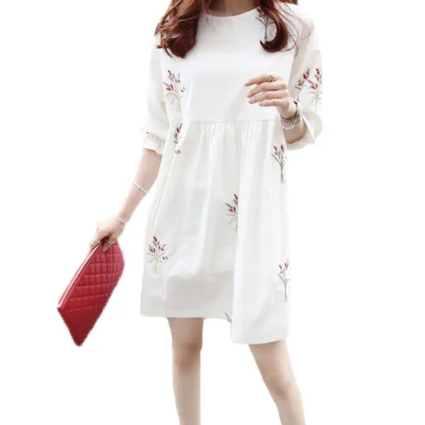 Korean cotton and linen embroidery maternity dress with nursing access, loose fit, sizes M-XXL