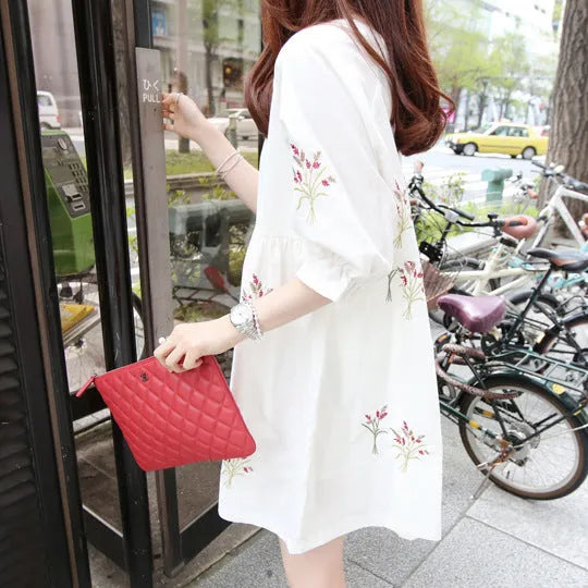 Korean cotton and linen embroidery maternity dress with nursing access, loose fit, sizes M-XXL