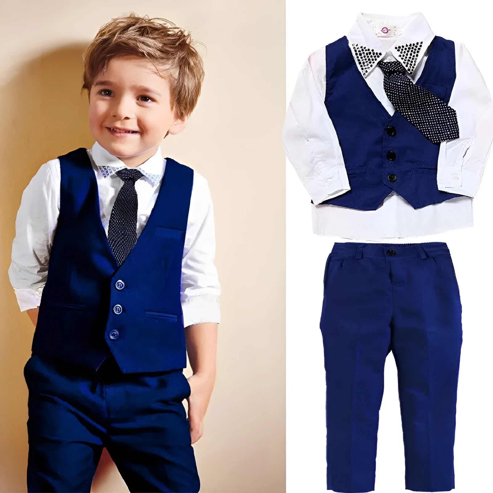 Blue boys three-piece smart clothing suit set with turtleneck, vest, tie, and trousers