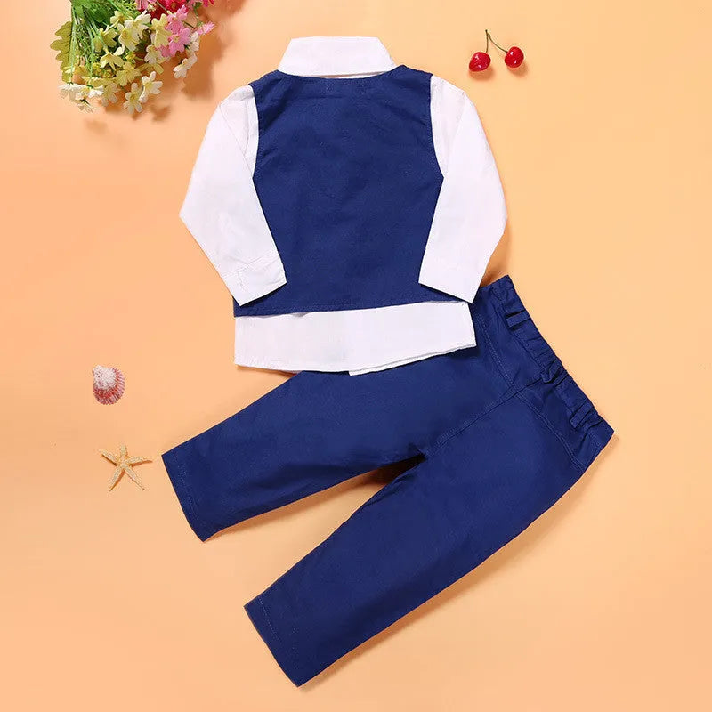 Blue boys three-piece smart clothing suit set with turtleneck, vest, tie, and trousers