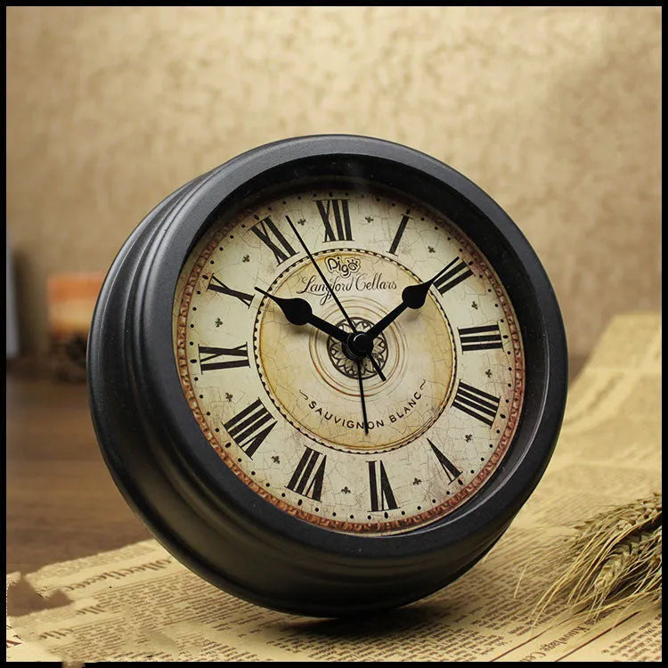 6 inch round European retro style desk clock with silent sweep movement on wooden surface