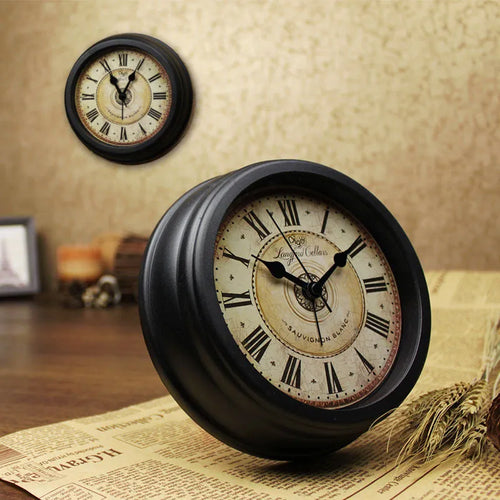 6 inch round European retro style desk clock with silent sweep movement on wooden surface