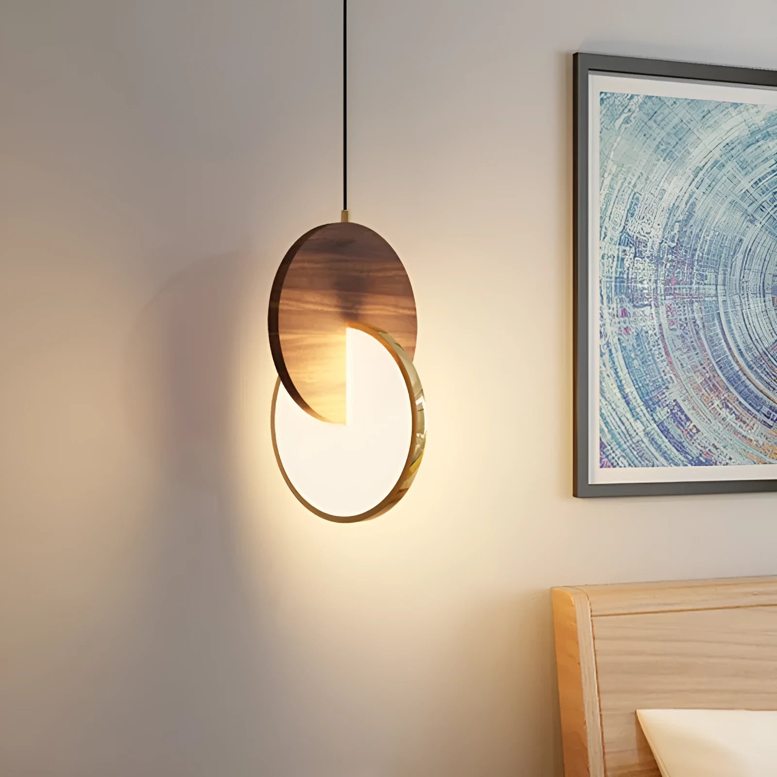 Long-line walnut wood chandelier with carved details and warm lighting