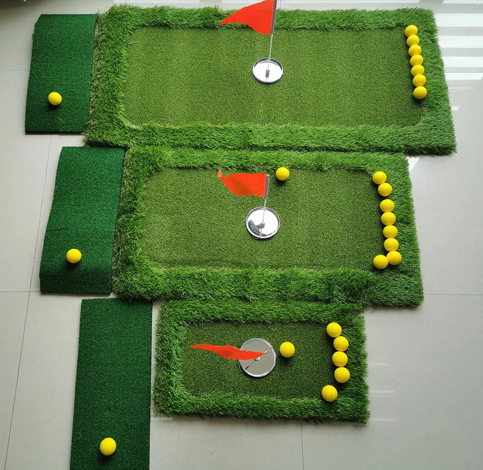 Green golf training mat showing PP grass surface texture with EVA backing