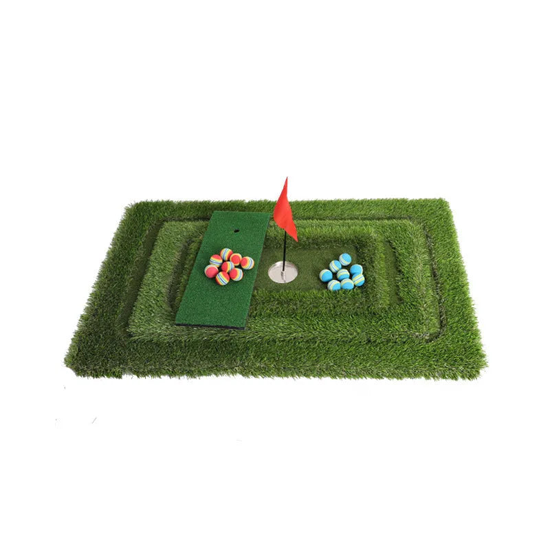 Green golf training mat showing PP grass surface texture with EVA backing