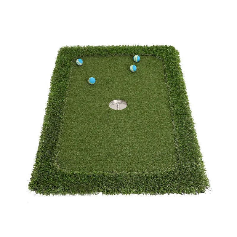 Green golf training mat showing PP grass surface texture with EVA backing